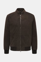 Front view of Windsor Velour leather blouson 'Borello' dark brown, soft goat velour leather, soft feel, light padding, slim fit, stand-up collar, two-way zipper, angled welt pockets, small metal logo on back, knitted elastic cuffs, smooth lining, two insi