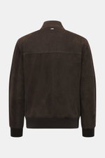 Windsor Velour leather blouson 'Borello' dark brown shown from back, soft goat velour leather, soft feel, light padding, slim fit, stand-up collar, two-way zipper, angled welt pockets, small metal logo on back, knitted elastic cuffs, smooth lining, two in