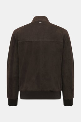 Windsor Velour leather blouson 'Borello' dark brown shown from back, soft goat velour leather, soft feel, light padding, slim fit, stand-up collar, two-way zipper, angled welt pockets, small metal logo on back, knitted elastic cuffs, smooth lining, two in