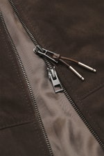 Close-up front view of the Windsor Velour leather blouson 'Borello' dark brown, showing soft goat velour leather, two-way zipper with leather pull, smooth lining, and fine stitching, featuring a soft feel, light padding, slim fit, stand-up collar, angled 
