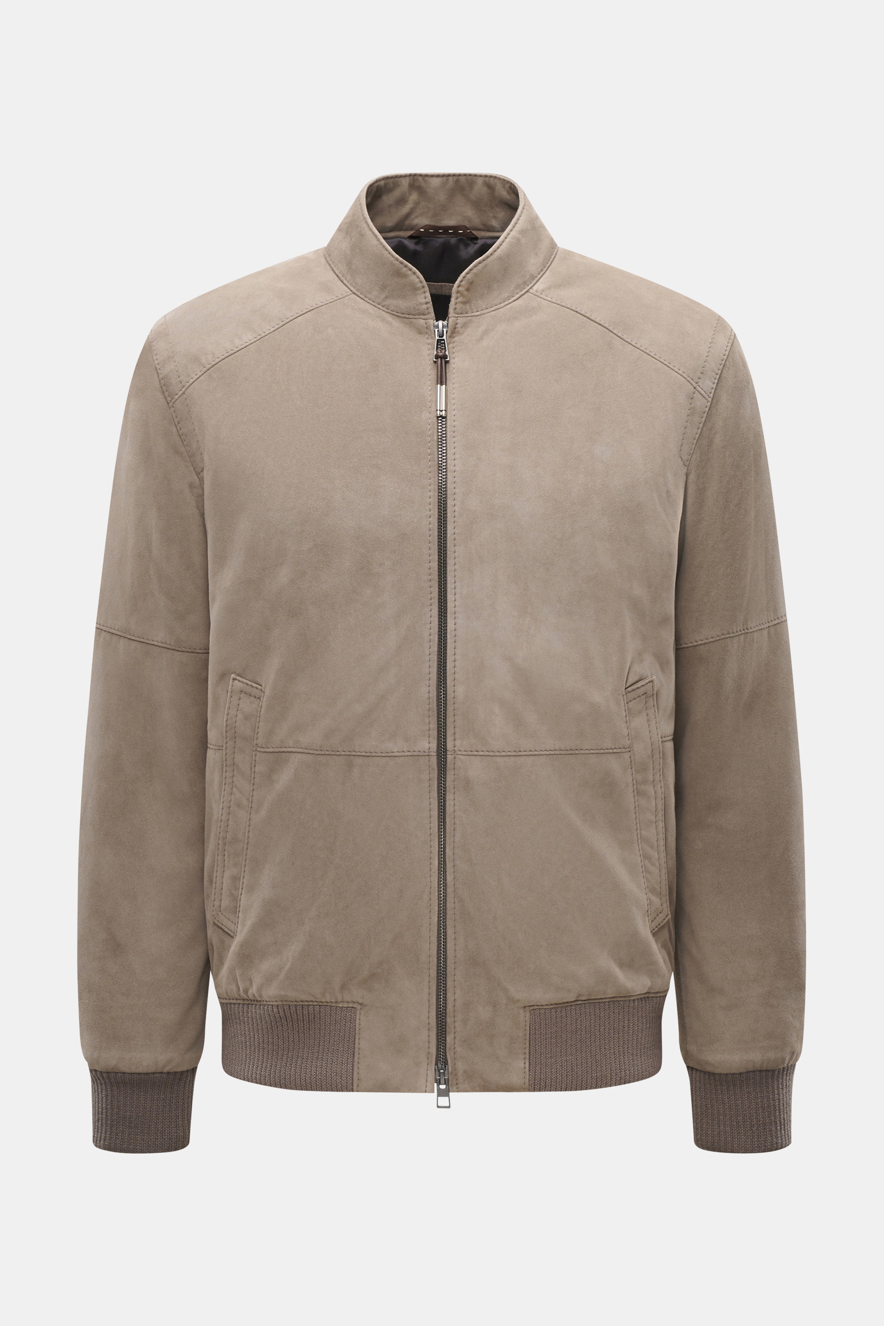 Front view of Windsor Velour leather blouson 'Borello' taupe in soft goat velour leather with soft feel, light padding, slim fit, stand-up collar, two-way zipper, angled welt pockets, small metal logo on back, knitted elastic cuffs, smooth lining, and two