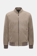 Front view of Windsor Velour leather blouson 'Borello' taupe in soft goat velour leather with soft feel, light padding, slim fit, stand-up collar, two-way zipper, angled welt pockets, small metal logo on back, knitted elastic cuffs, smooth lining, and two