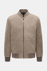 Front view of Windsor Velour leather blouson 'Borello' taupe in soft goat velour leather with soft feel, light padding, slim fit, stand-up collar, two-way zipper, angled welt pockets, small metal logo on back, knitted elastic cuffs, smooth lining, and two