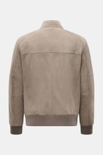Windsor Velour leather blouson 'Borello' taupe shown from the back, soft goat velour leather, slim fit, stand-up collar, light padding, two-way zipper, angled welt pockets, small metal logo on back, knitted elastic cuffs, smooth lining, two inside pockets