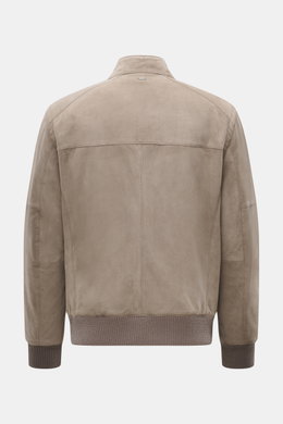 Windsor Velour leather blouson 'Borello' taupe shown from the back, soft goat velour leather, slim fit, stand-up collar, light padding, two-way zipper, angled welt pockets, small metal logo on back, knitted elastic cuffs, smooth lining, two inside pockets