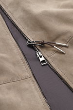 Close-up front view of Windsor Velour leather blouson 'Borello' taupe showing soft goat velour leather, soft feel, light padding, slim fit, stand-up collar, two-way zipper with leather pull, angled welt pockets, small metal logo on back, knitted elastic c