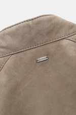 Close-up view of the back collar of the Windsor Velour leather blouson 'Borello' taupe, showing soft goat velour leather, soft feel, light padding, slim fit, stand-up collar, small metal logo, angled welt pockets, two-way zipper, knitted elastic cuffs, sm