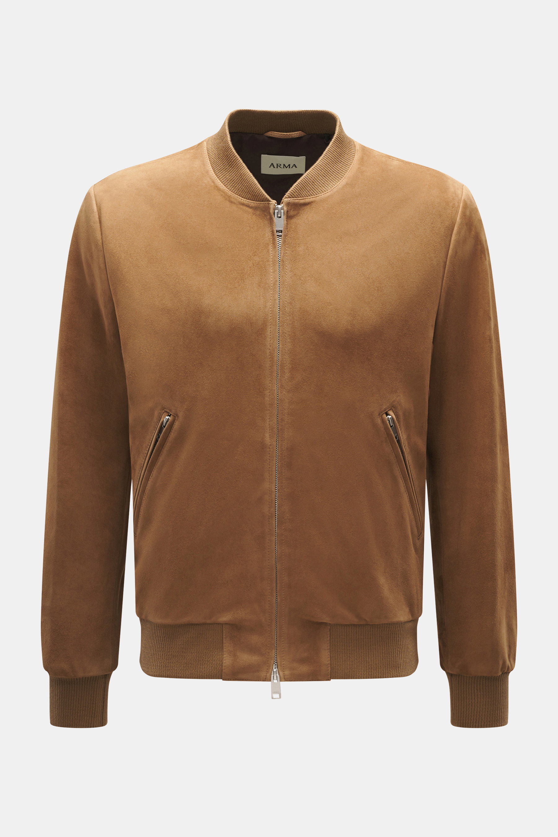 Arma Suede leather blouson 'Didier' brown shown from front, slim fit goat suede jacket with blouson collar, rib knit cuffs, two-way zipper, zip hip pockets.