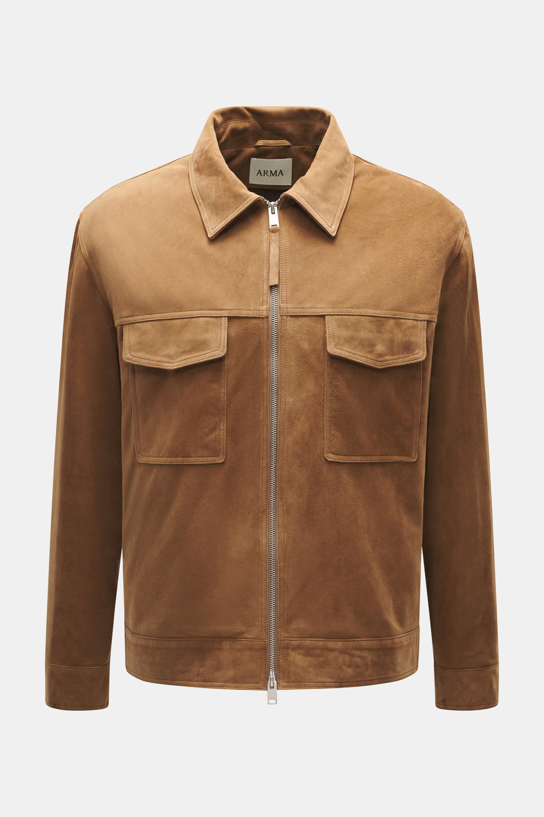 Front view of Arma Suede leather jacket 'Kale' brown in soft suede leather with slim fit, turn-down collar, two-way zipper, chest flap pockets, smooth lining, and two inside pockets, a stylish companion for the transitional season offering timeless urban 