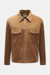 Front view of Arma Suede leather jacket 'Kale' brown in soft suede leather with slim fit, turn-down collar, two-way zipper, chest flap pockets, smooth lining, and two inside pockets, a stylish companion for the transitional season offering timeless urban 