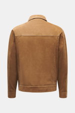 Rear view of Arma Suede leather jacket 'Kale' brown, soft suede leather, slim fit, turn-down collar, patch chest pockets, two-way zipper.

Description: <p>Stylish companion for the transitional season: The velour leather jacket from ARMA gives urban looks