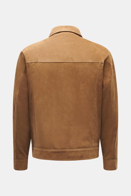 Rear view of Arma Suede leather jacket 'Kale' brown, soft suede leather, slim fit, turn-down collar, patch chest pockets, two-way zipper.

Description: <p>Stylish companion for the transitional season: The velour leather jacket from ARMA gives urban looks