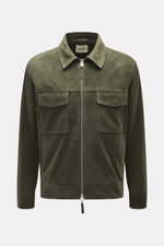 Arma Suede leather jacket 'Kale' dark green shown from the front, featuring soft suede leather, slim fit, turn-down collar, two-way zipper, patch chest pockets with flap, smooth lining fabric, and two inside pockets; stylish companion for the transitional