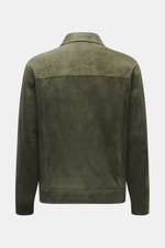 Back view of Arma Suede leather jacket 'Kale' dark green in soft suede leather with turn-down collar, slim fit, and smooth lining fabric.