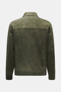 Back view of Arma Suede leather jacket 'Kale' dark green in soft suede leather with turn-down collar, slim fit, and smooth lining fabric.
