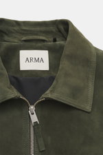 Close-up front view of the Arma Suede leather jacket 'Kale' dark green, showcasing soft suede leather, turn-down collar, and two-way zipper.

Additional description: 
<p>Stylish companion for the transitional season: The velour leather jacket from ARMA gi