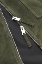 Close-up front view of the Arma Suede leather jacket 'Kale' dark green, showing soft suede leather, two-way zipper, and smooth black lining fabric. Stylish companion for the transitional season: The velour leather jacket from ARMA gives urban looks timele