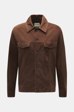 Arma Velourslederjacke 'Daniel' dunkelbraun, Slim Fit, softes Veloursleder, Umlegekragen, Fünf-Knopf-Leiste, vier Fronttaschen, Ärmel mit Knopf, ungefüttert, Frontansicht.