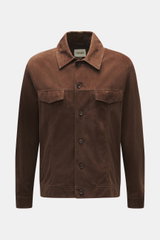 Arma Velourslederjacke 'Daniel' dunkelbraun, Slim Fit, softes Veloursleder, Umlegekragen, Fünf-Knopf-Leiste, vier Fronttaschen, Ärmel mit Knopf, ungefüttert, Frontansicht.
