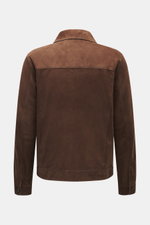 Arma Velourslederjacke 'Daniel' dunkelbraun, Rückenansicht, softes Veloursleder, weicher Griff, Slim Fit, Umlegekragen, ungefüttert, Ärmel mit Knopf.