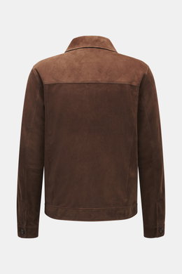 Arma Velourslederjacke 'Daniel' dunkelbraun, Rückenansicht, softes Veloursleder, weicher Griff, Slim Fit, Umlegekragen, ungefüttert, Ärmel mit Knopf.