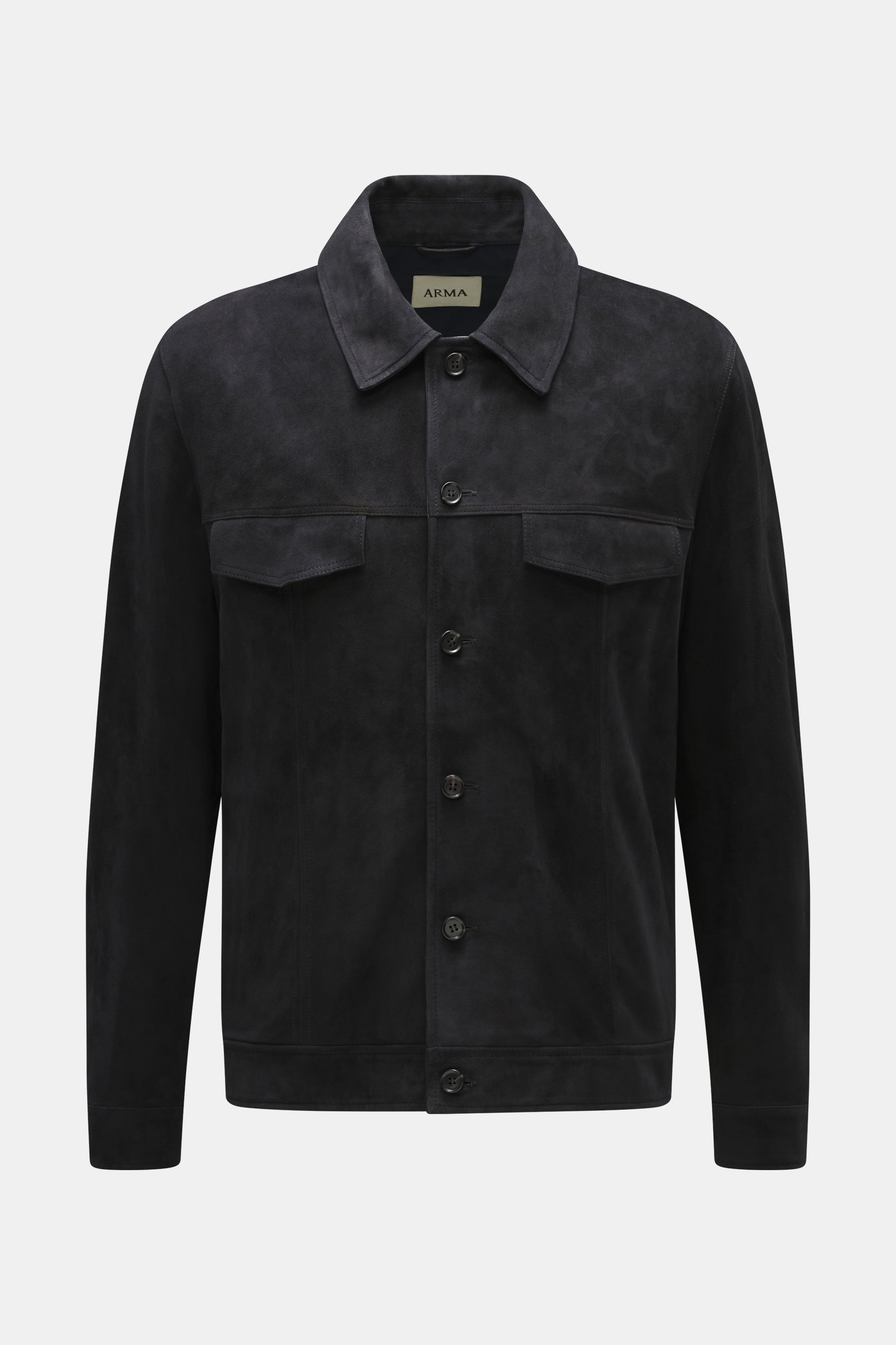 Arma Velourslederjacke 'Daniel' dark navy, frontal aufgenommen, softes Veloursleder, Slim Fit, Umlegekragen, fünf Knöpfe, vier Taschen, Knopfärmel, ungefüttert, weicher Griff, stilvoll für Übergangszeit.