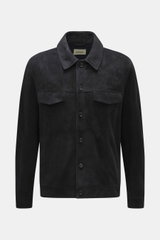 Arma Velourslederjacke 'Daniel' dark navy, frontal aufgenommen, softes Veloursleder, Slim Fit, Umlegekragen, fünf Knöpfe, vier Taschen, Knopfärmel, ungefüttert, weicher Griff, stilvoll für Übergangszeit.