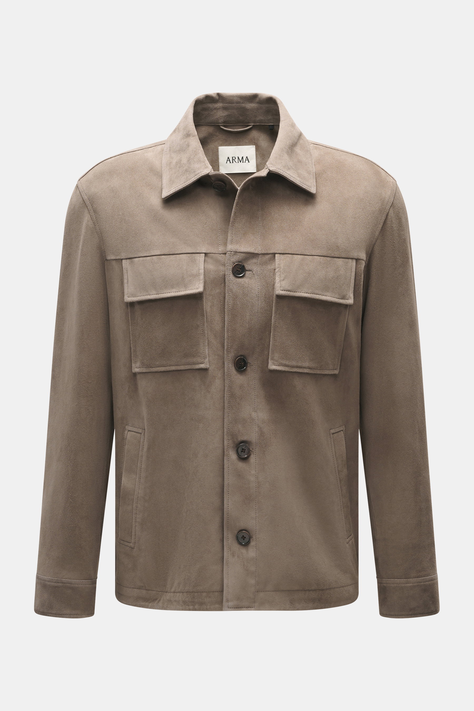 Arma Velourslederjacke 'Mex' taupe aus edlem Lammveloursleder, frontale Nahaufnahme, Regular Fit, Umlegekragen, Brusttaschen, Fünf-Knopf-Leiste, ungefüttert.