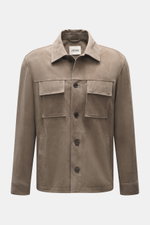 Front view of Arma Velour leather jacket 'Mex' taupe in noble lamb velour leather, featuring a turn-down collar, five-button placket, chest pockets with flaps, slanted welt pockets, buttoned sleeve cuffs, regular fit, soft touch, and unlined design.