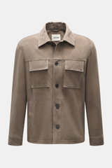 Front view of Arma Velour leather jacket 'Mex' taupe in noble lamb velour leather, featuring a turn-down collar, five-button placket, chest pockets with flaps, slanted welt pockets, buttoned sleeve cuffs, regular fit, soft touch, and unlined design.