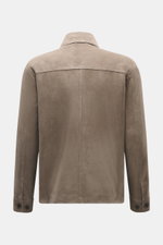 Back view of the Arma Velour leather jacket 'Mex' taupe in noble lamb velour leather, showcasing a turn-down collar and sleeve cuffs with buttons.
