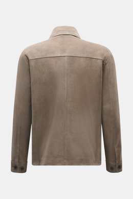 Back view of the Arma Velour leather jacket 'Mex' taupe in noble lamb velour leather, showcasing a turn-down collar and sleeve cuffs with buttons.
