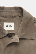 Close-up front view of Arma Velour leather jacket 'Mex' taupe showing noble lamb velour leather, soft touch, turn-down collar, and button detail.