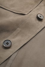 Close-up front perspective of Arma Velour leather jacket 'Mex' taupe, showcasing noble lamb velour leather, soft touch, five-button placket, turn-down collar, chest pockets with flaps, slanted welt pockets, sleeve cuffs with button, and unlined design. AR