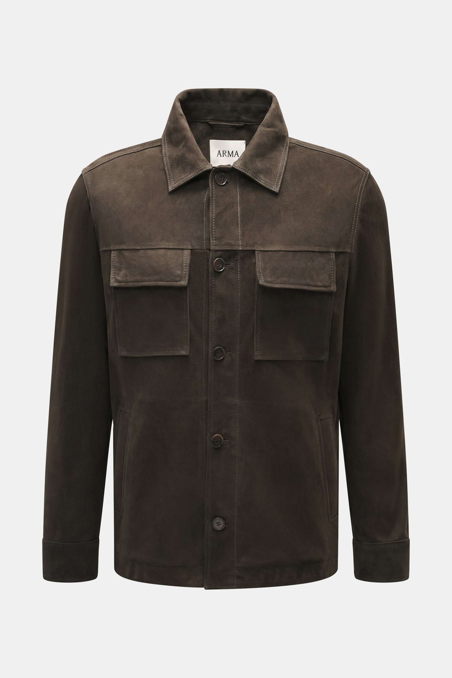 Arma Velourslederjacke 'Mex' dunkelbraun, frontal fotografiert, edles Lammveloursleder, Regular Fit, Umlegekragen, Brusttaschen, Fünf-Knopf-Leiste.
