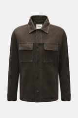 Arma Velourslederjacke 'Mex' dunkelbraun, frontal fotografiert, edles Lammveloursleder, Regular Fit, Umlegekragen, Brusttaschen, Fünf-Knopf-Leiste.