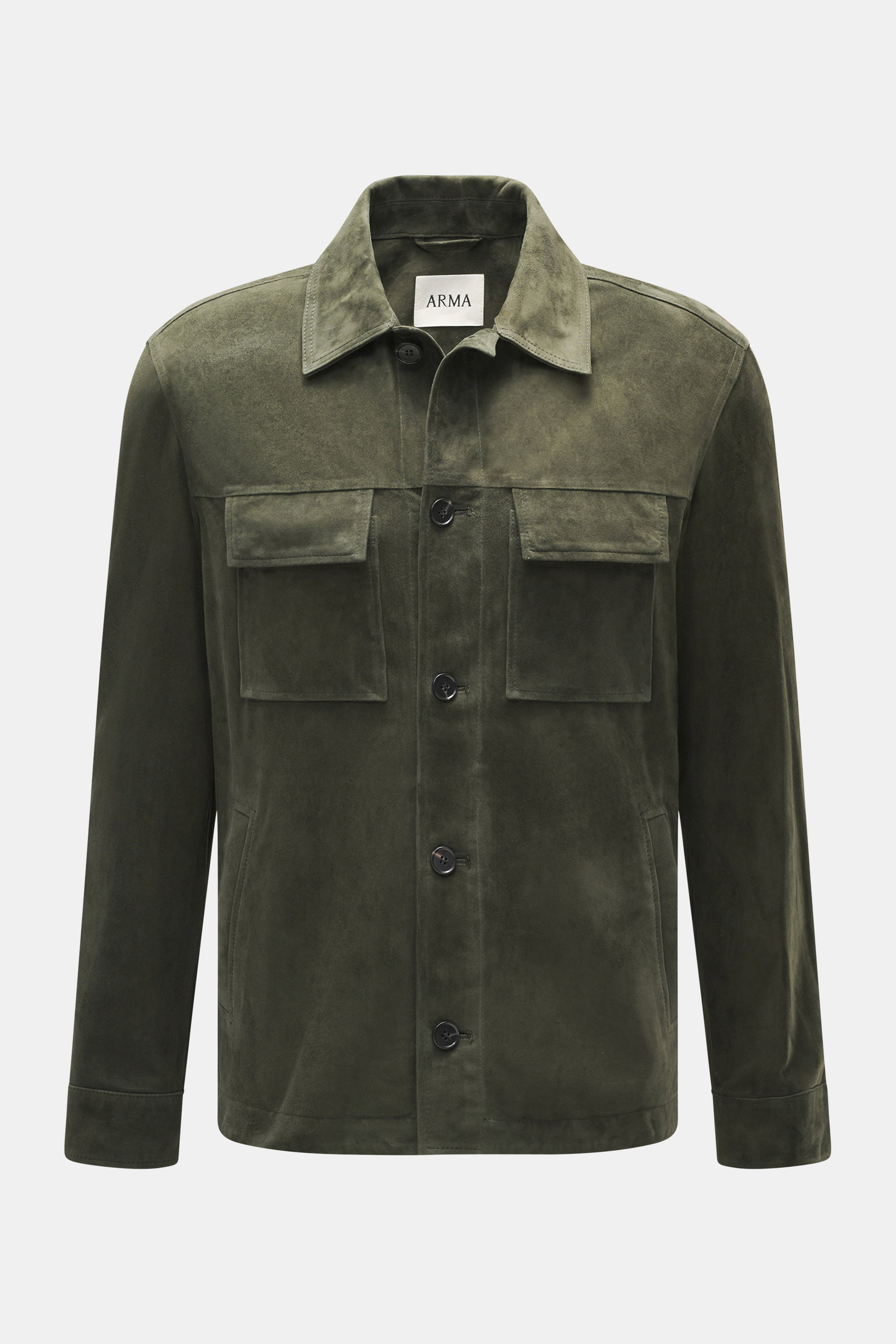 Arma Velourslederjacke 'Mex' dunkelgrün, Frontansicht, edles Lammveloursleder, Regular Fit, Umlegekragen, Brusttaschen, Fünf-Knopf-Leiste, ungefüttert, weicher Griff.