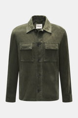Front view of Arma Velour leather jacket 'Mex' dark green in noble lamb velour leather, featuring a soft touch, five-button placket, turn-down collar, chest pockets with flaps, slanted welt pockets, buttoned sleeve cuffs, regular fit, and unlined interior