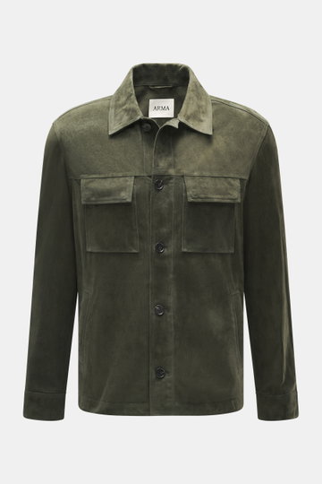 Arma Velourslederjacke 'Mex' dunkelgrün, Frontansicht, edles Lammveloursleder, Regular Fit, Umlegekragen, Brusttaschen, Fünf-Knopf-Leiste, ungefüttert, weicher Griff.