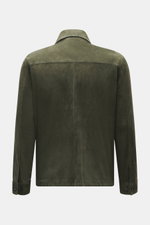 Rear view of Arma Velour leather jacket 'Mex' dark green in noble lamb velour leather, featuring a turn-down collar and buttoned sleeve cuffs.