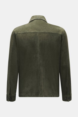 Rear view of Arma Velour leather jacket 'Mex' dark green in noble lamb velour leather, featuring a turn-down collar and buttoned sleeve cuffs.