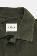 Close-up front view of the Arma Velour leather jacket 'Mex' dark green, showcasing noble lamb velour leather, turn-down collar, and five-button placket.