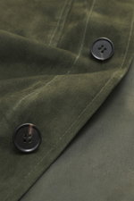 Close-up front view of Arma Velour leather jacket 'Mex' dark green showing noble lamb velour leather, soft touch, five-button placket with buttons.