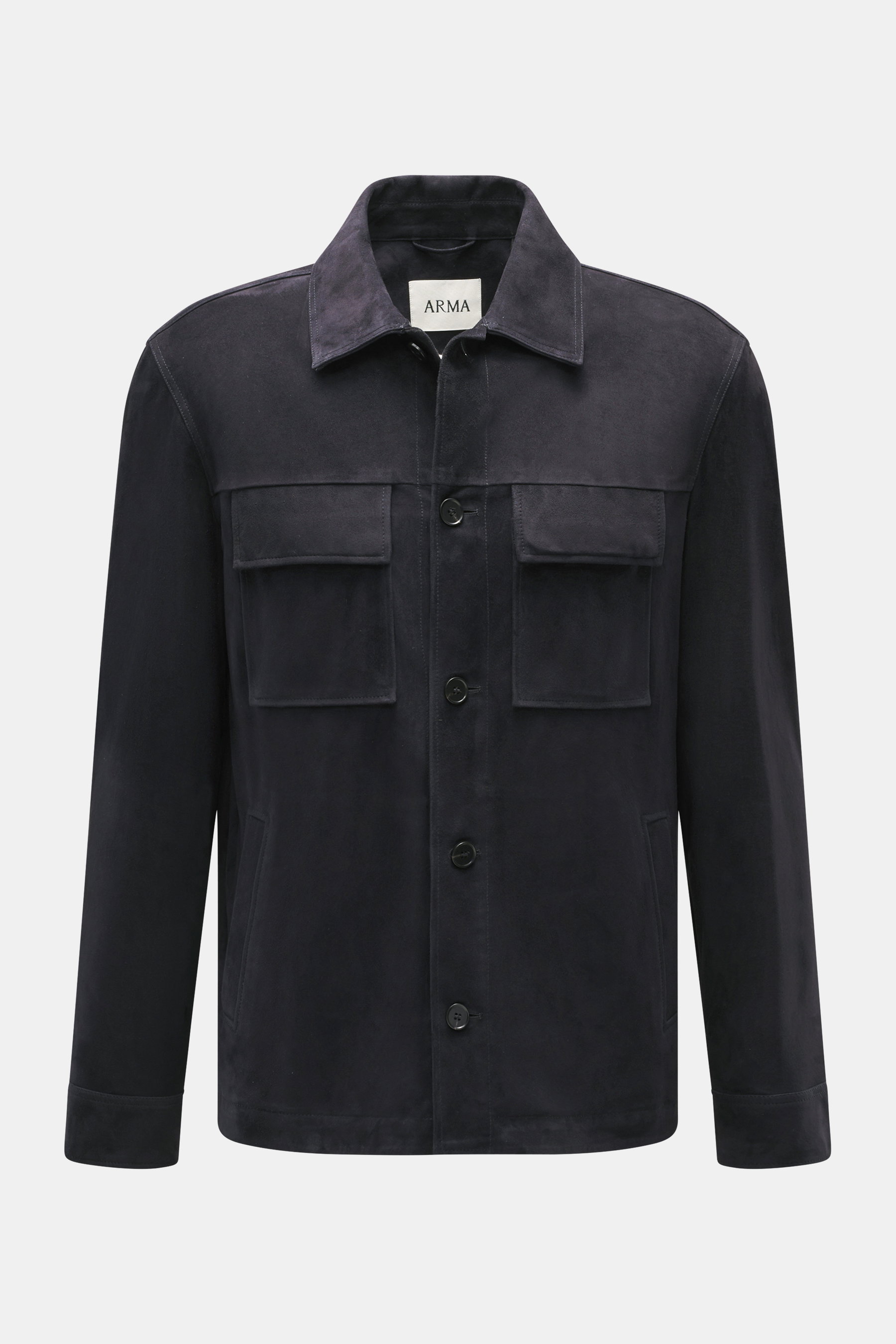 Arma Velourslederjacke 'Mex' dark navy, frontale Nahaufnahme, edles Lammveloursleder, Regular Fit, Umlegekragen, Brusttaschen mit Patte, ungefüttert.