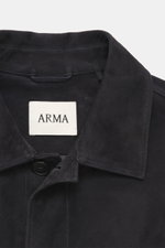Close-up front view of Arma Velour leather jacket 'Mex' dark navy showing noble lamb velour leather, turn-down collar, and five-button placket.