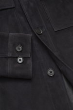 Close-up front view of Arma Velour leather jacket 'Mex' dark navy showing noble lamb velour leather, five-button placket, chest pockets with flaps, slanted welt pockets, and sleeve cuffs with buttons, highlighting its soft touch and regular fit design.