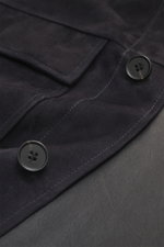 Close-up front view of Arma Velour leather jacket 'Mex' dark navy showing noble lamb velour leather, five-button placket, turn-down collar, chest flap pocket, slanted welt pocket, sleeve cuff with button, and fine stitching in a soft touch regular fit, un