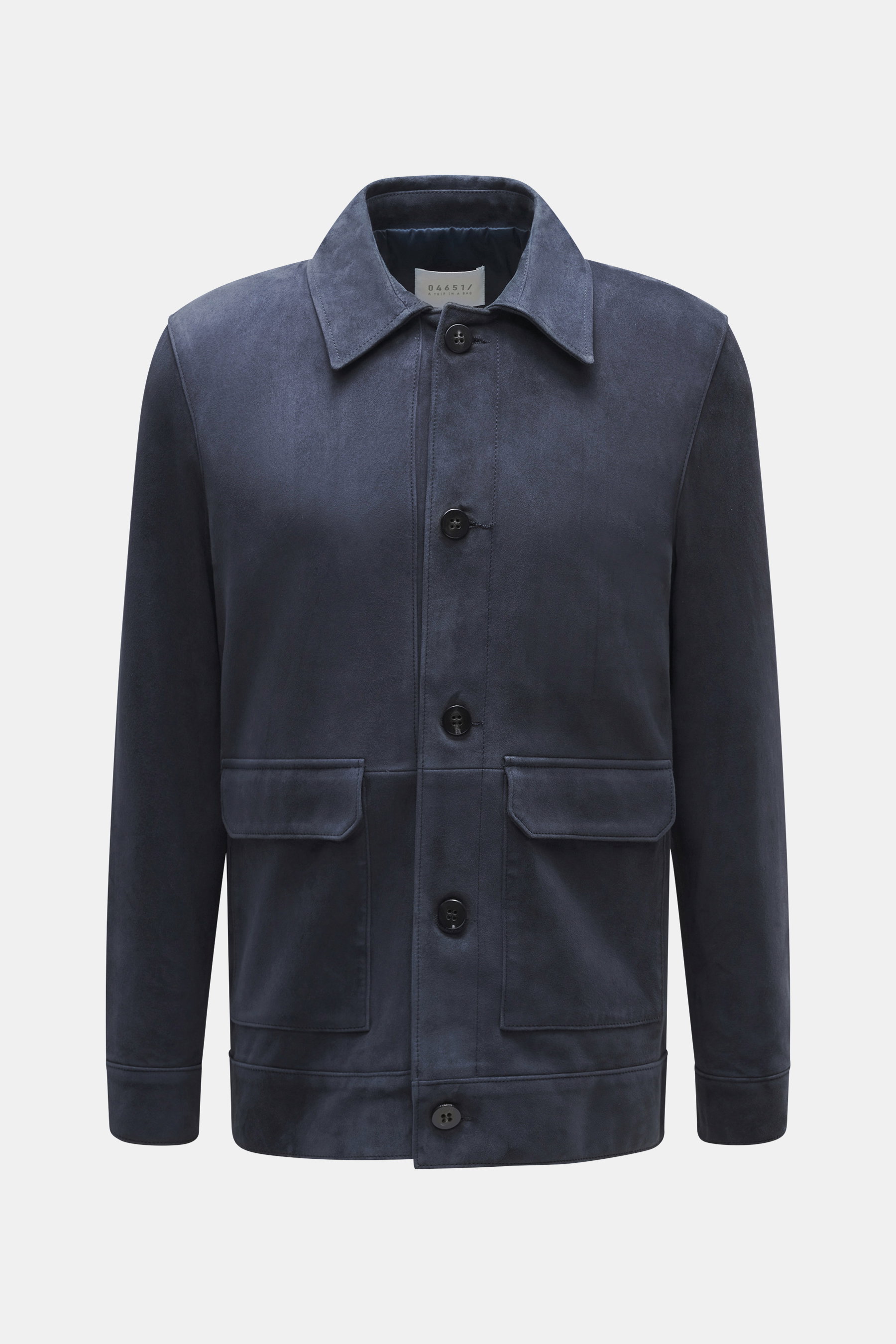Front view of the 04651/ A trip in a bag Nubuck leather jacket 'Workwear Jacket' navy, made of supple nubuck lamb leather with a soft touch, slim fit, five-button placket, turn-down collar, patch hip pockets, and supple lining fabric, ideal for the transi