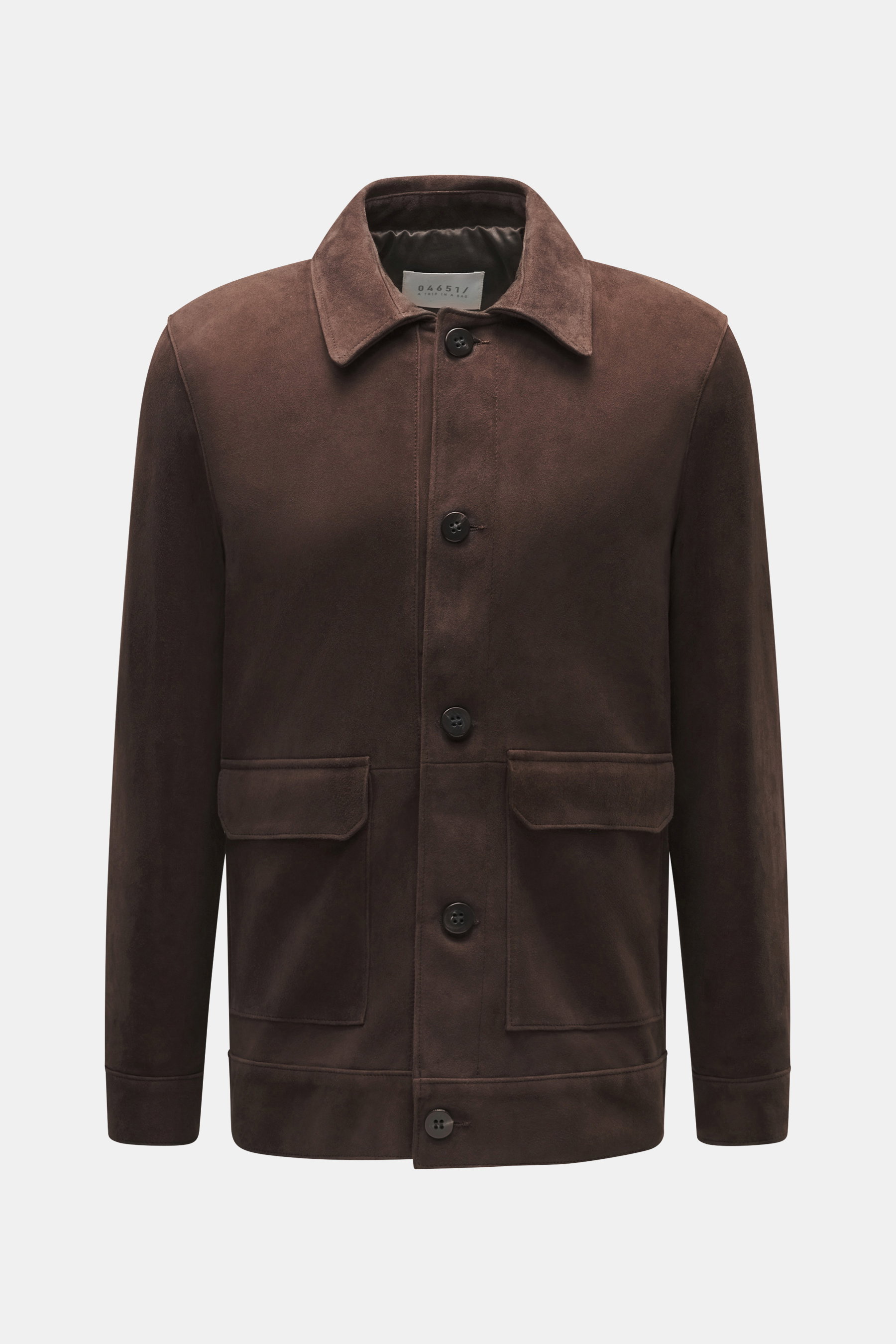 Front view of 04651/ A trip in a bag Nubuck leather jacket 'Workwear Jacket' Dark brown in supple nubuck lamb leather with patch pockets.

Additional description: 
<p>The noble nubuck leather jacket by 04651/ A TRIP IN A BAG made of fine lamb leather impr