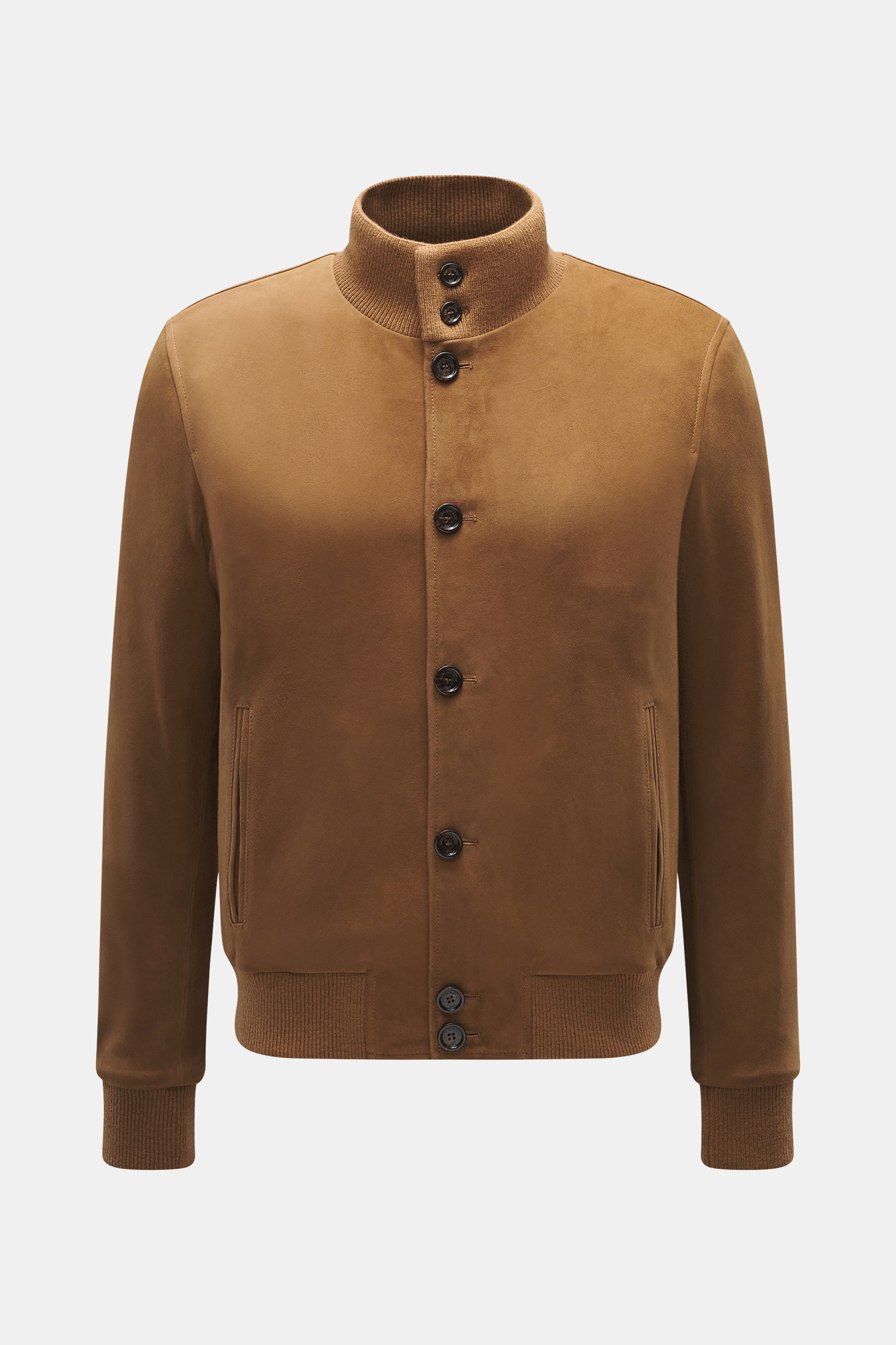 Frontansicht des Eddy Monetti Veloursleder-Blouson hellbraun mit Stehkragen aus Rippstrick, Acht-Knopf-Leiste, Slim Fit, Cashmere-Futter, Hüfttaschen, elastischen Bündchen.